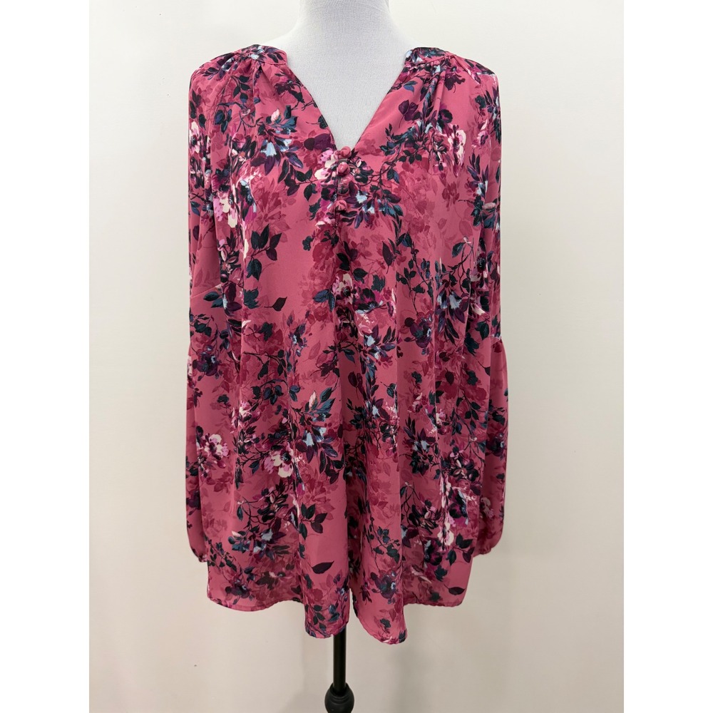 Torrid Pink Floral V-Neck Button Front Peasant Blouse Size 2 2X Plus 18858997